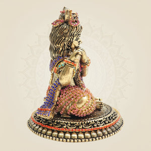 Brass Kanha Idol Playing Flute with Rhinestone Work – 4.75 Inch - Luxeartisanship