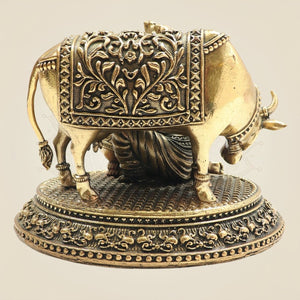 Brass Kanha Ji Idol with Cow Decorative Krishna Murti 3" - Luxeartisanship