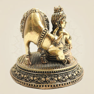 Brass Kanha Ji Idol with Cow Decorative Krishna Murti 3" - Luxeartisanship