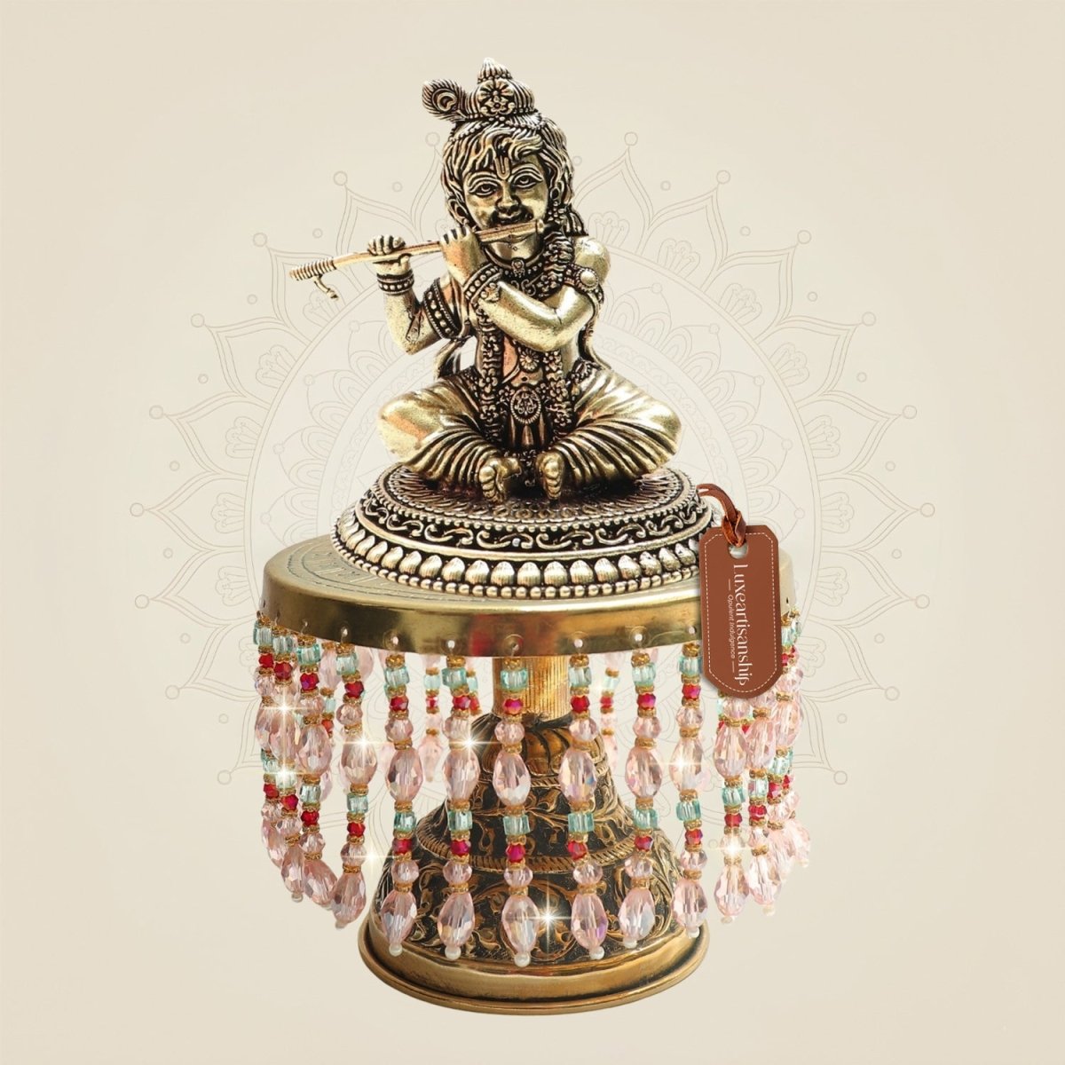 Brass Kanha Playing Flute Idol on Chowki 8.75" Base for Spiritual Space - Luxeartisanship