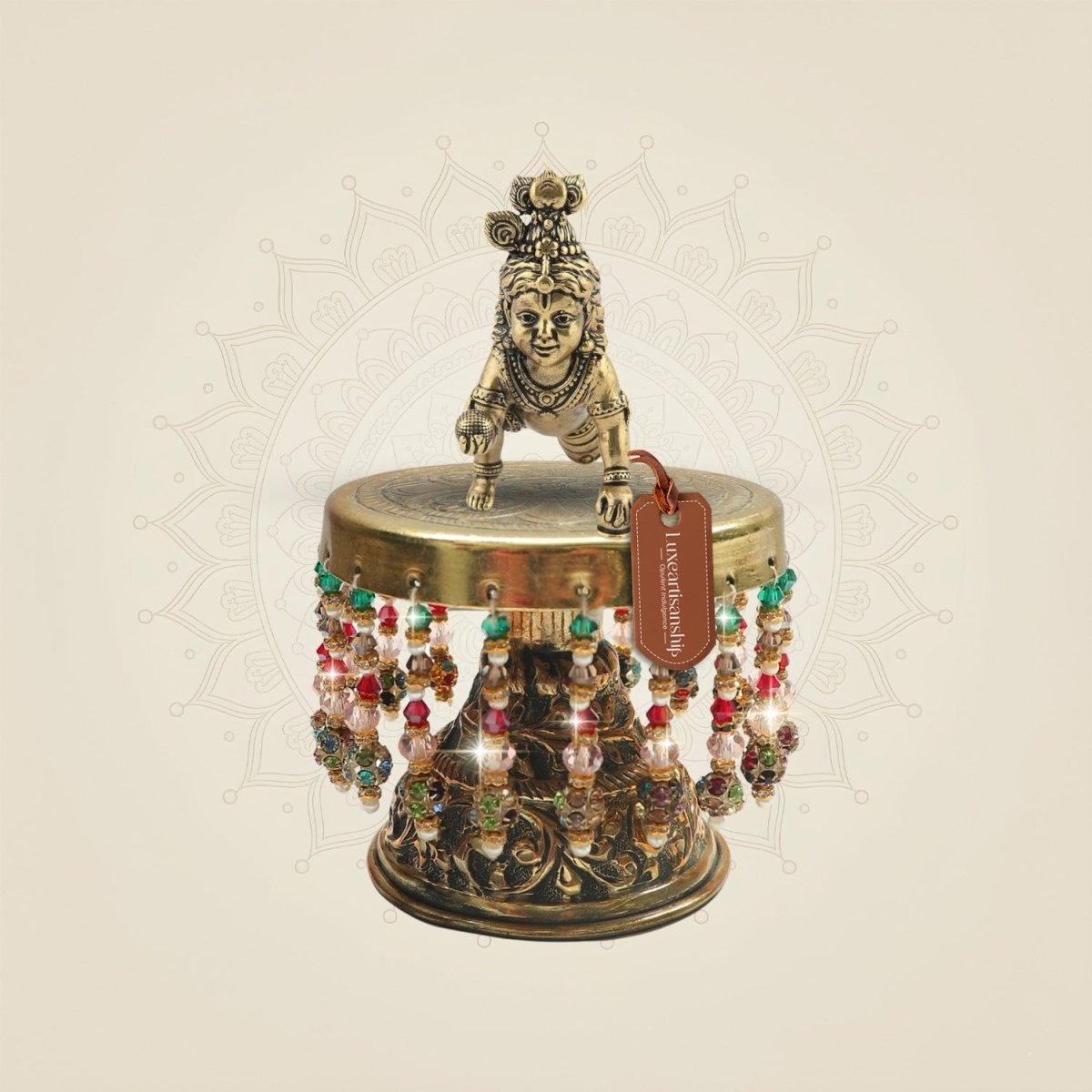 Brass Laddu Gopal on Chowki 4.5" for Bhakti Rituals and Sacred Setup - Luxeartisanship