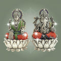 Brass Lakshmi Ganesha Murti on Lotus Base Featuring Multicolor Stone Work 6" - Luxeartisanship