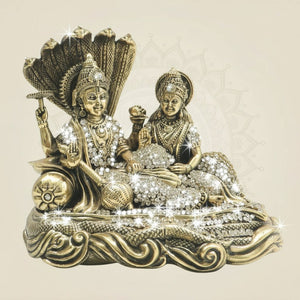 Brass Lakshmi Narayan Idol 6" Seated on Sheshnag Highlighted by Radiant Stone - Luxeartisanship