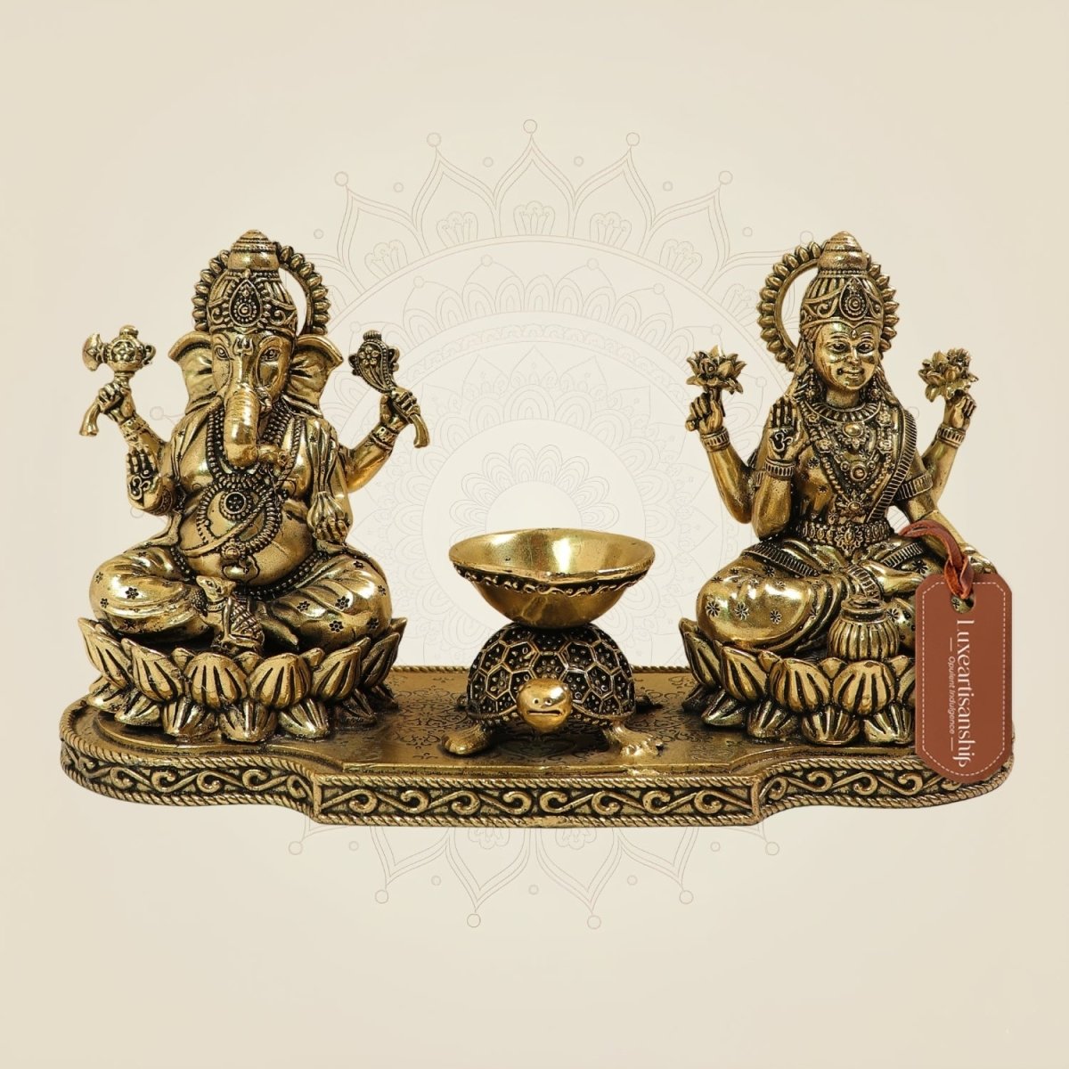 Brass Laxmi Ganesh Idol with Tortoise Diya 4.5 Inch – Prosperity & Wealth Decor - Luxeartisanship