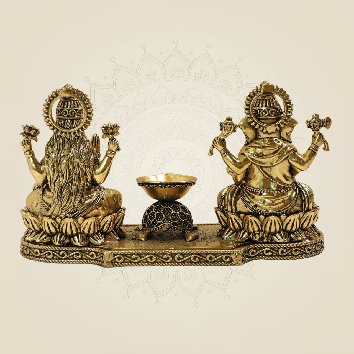 Brass Laxmi Ganesh Idol with Tortoise Diya 4.5 Inch – Prosperity & Wealth Decor - Luxeartisanship