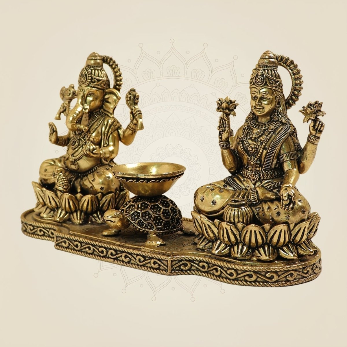 Brass Laxmi Ganesh Idol with Tortoise Diya 4.5 Inch – Prosperity & Wealth Decor - Luxeartisanship