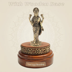 Brass Laxmi Ji Idol (6.75″) with Smooth Round Wooden Platform - Luxeartisanship