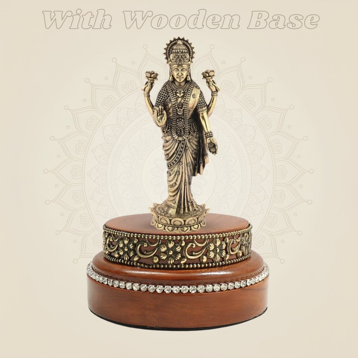 Brass Laxmi Ji Idol (6.75″) with Smooth Round Wooden Platform - Luxeartisanship