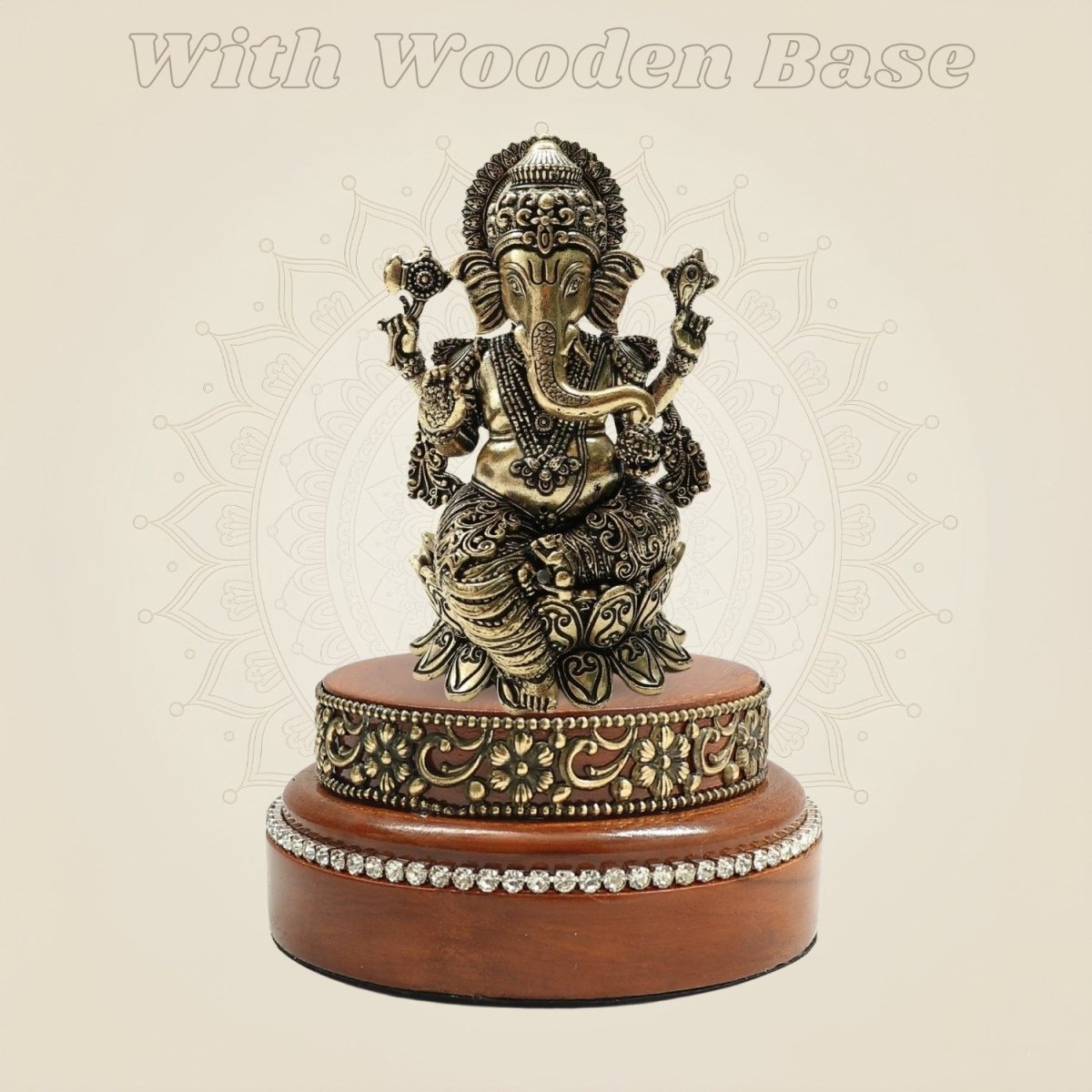 Brass Lord Ganesha Idol 4" Set on a Round Wood Platform - Luxeartisanship