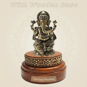 Brass Lord Ganesha Idol 4" Set on a Round Wood Platform - Luxeartisanship