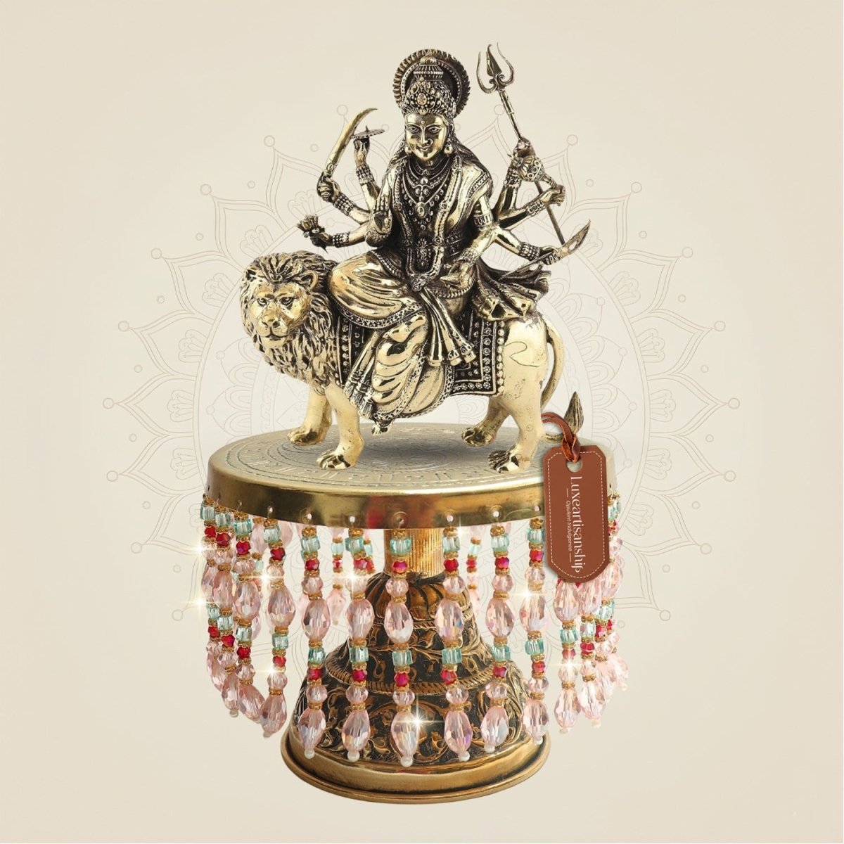 Brass Maa Durga Idol Seated on Lion and Chowki 10" for Sacred Energy Space - Luxeartisanship