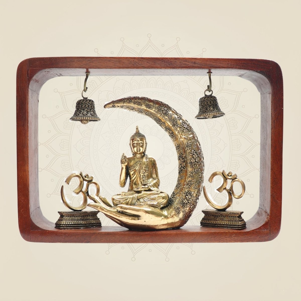 Brass Meditating Buddha Idol on Crescent Moon in Wooden Frame 8.25"with Bells - Luxeartisanship