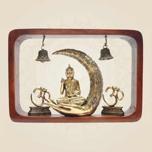 Brass Meditating Buddha Idol on Crescent Moon in Wooden Frame 8.25"with Bells - Luxeartisanship