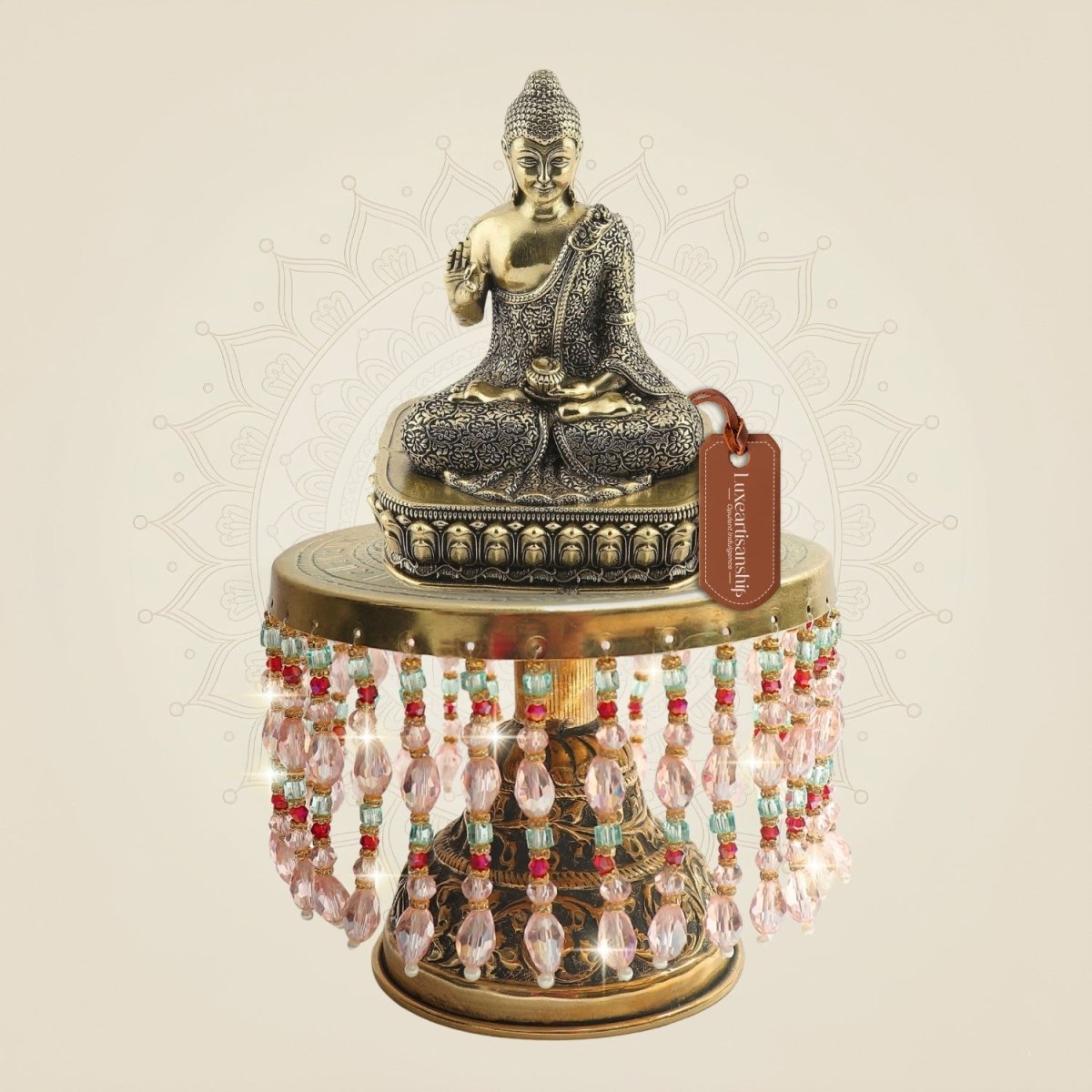 Brass Meditating Buddha Statue with Decorative Chowki 8" - Luxeartisanship