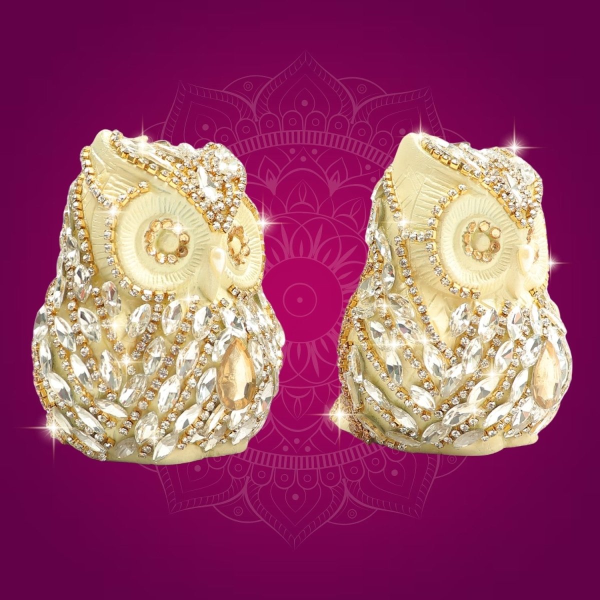 Brass Owl Pair Figurine Decorated with Rhinestones 3" - Luxeartisanship
