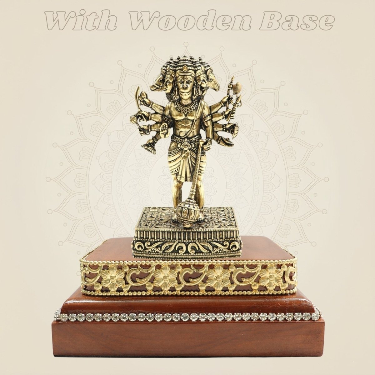 Brass Panchmukhi Hanuman Murti 4.75″ on Square Wood Platform - Luxeartisanship