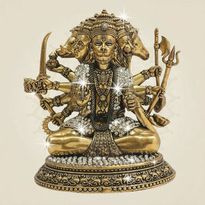 Brass Panchmukhi Hanuman Murti 6" with Refined Stone Accents - Luxeartisanship