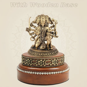 Brass Panchmukhi Hanuman’s Five Face Statue on Round Wooden Base