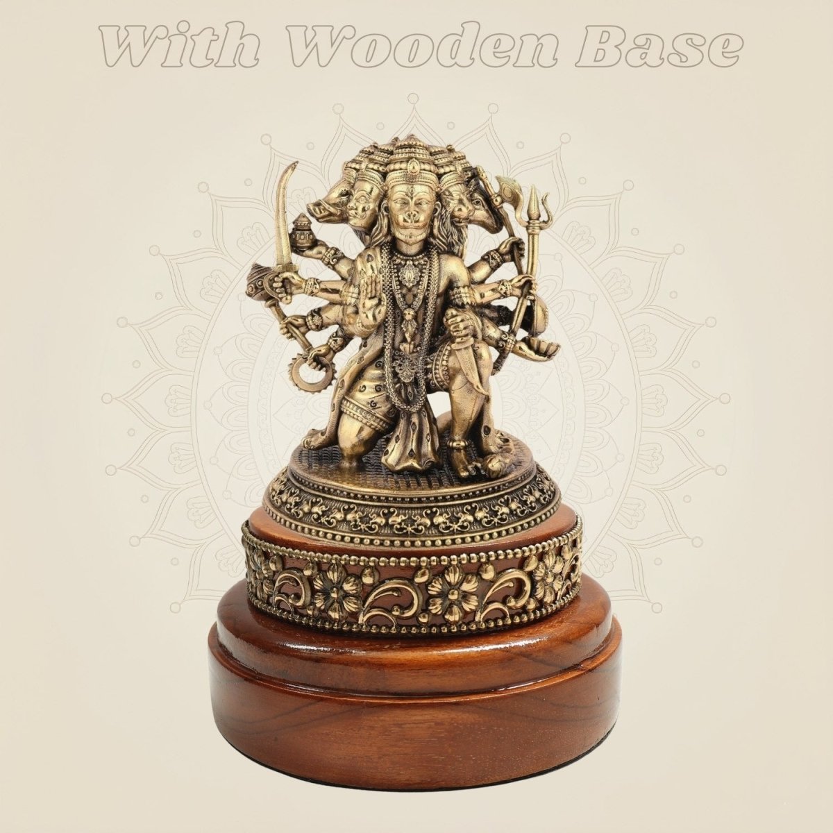 Brass Panchmukhi Hanuman’s Five Face Idol on Round Wooden Base