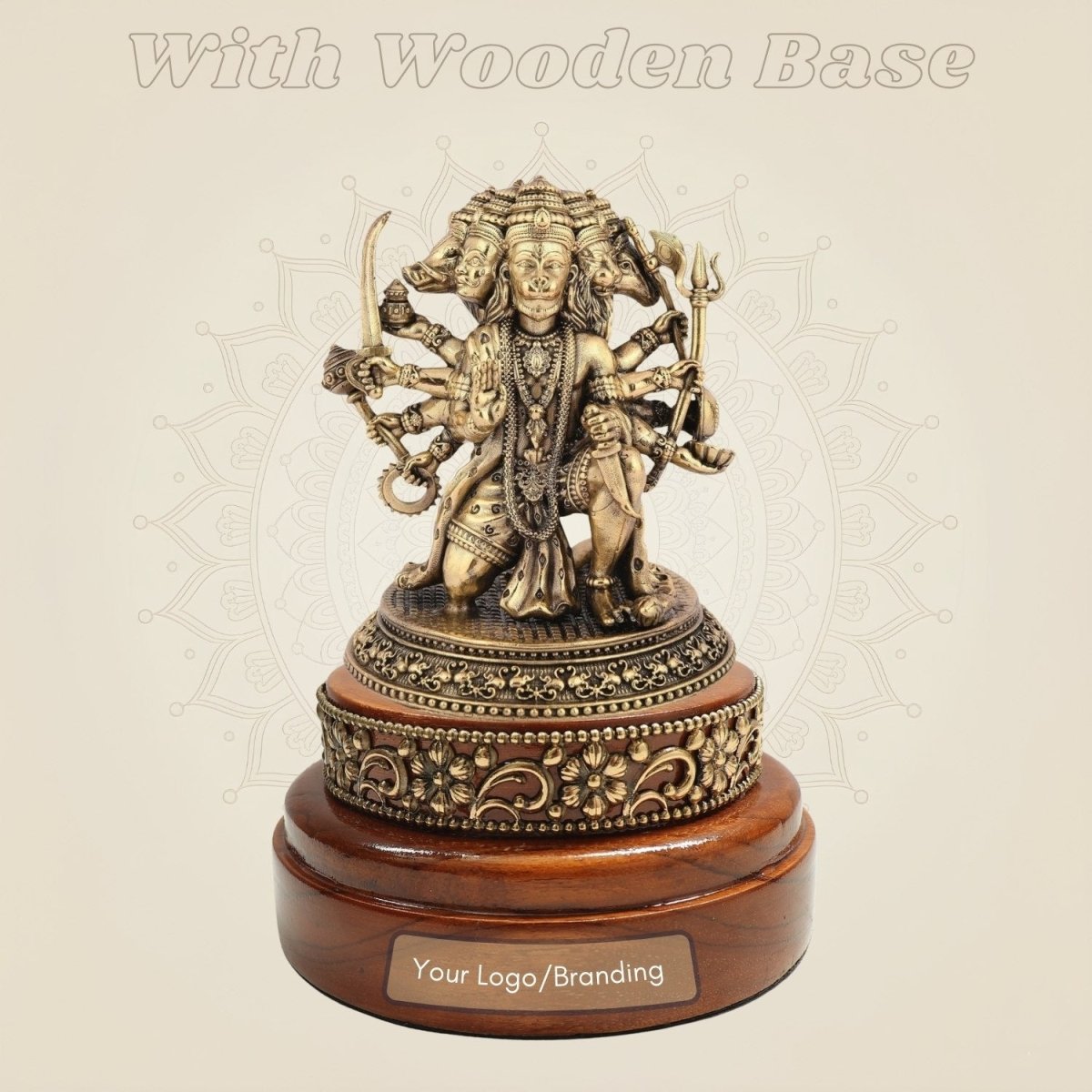 Brass Panchmukhi Hanuman’s Five Face Murti on Round Wooden Base
