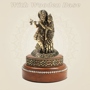 Brass Radha Krishna Idol 4″ Crafted on Round Wooden Base - Luxeartisanship