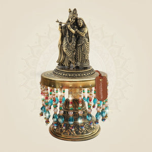Brass Radha Krishna Idol with Chowki 7.75" - Display Arrangement Piece - Luxeartisanship