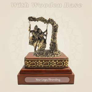 Brass Radha Krishna Idol on Swing with Square Wooden Base
