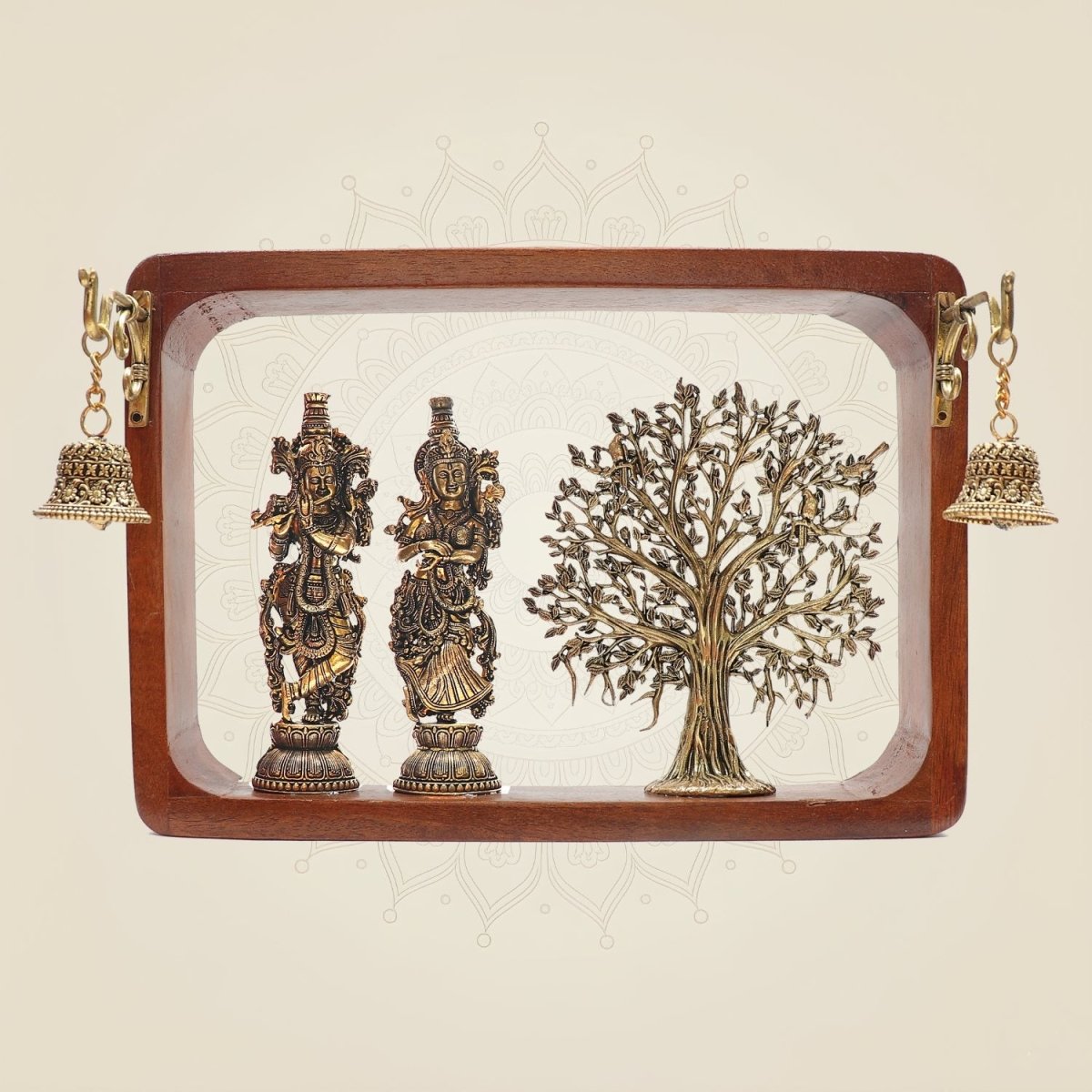 Brass Radha Krishna with Decorative Tree in Wooden Frame 8.25" - Luxeartisanship