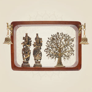 Brass Radha Krishna with Decorative Tree in Wooden Frame 8.25" - Luxeartisanship
