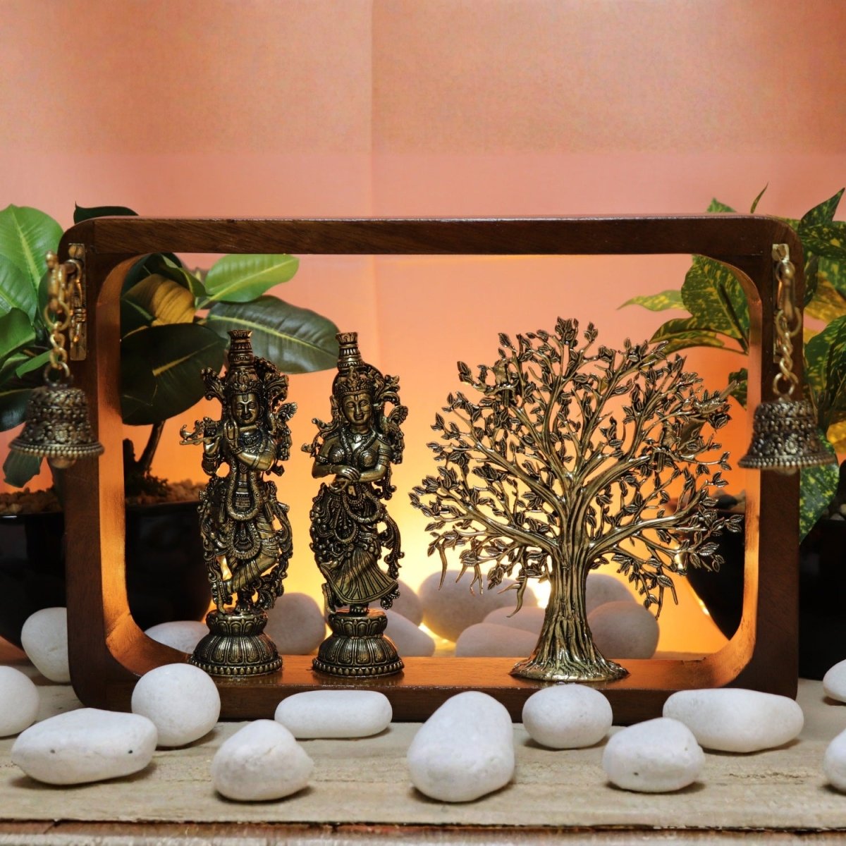 Brass Radha Krishna with Brass Tree in Wooden Frame