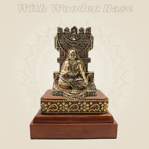 Brass Raghavendra Swamy Idol 4″ on Square Wood Base - Luxeartisanship