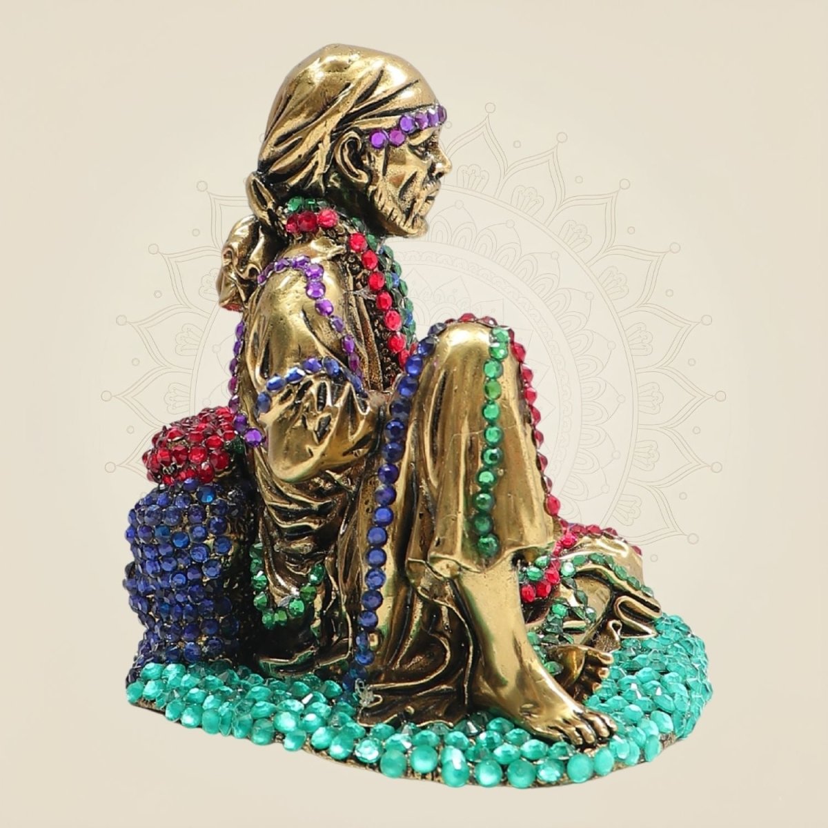 Brass Sai Baba Seated Statue 4" with Vibrant Jewellery Stone Detailing - Luxeartisanship