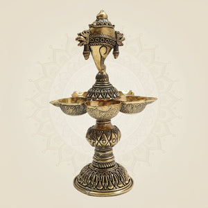 Brass Shankh Chakra Diya with 5 Deepak – Sacred Light for Divine - Luxeartisanship