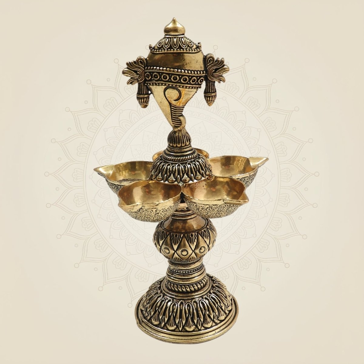 Brass Shankh Chakra Diya with 5 Deepak – Sacred Light for Divine - Luxeartisanship
