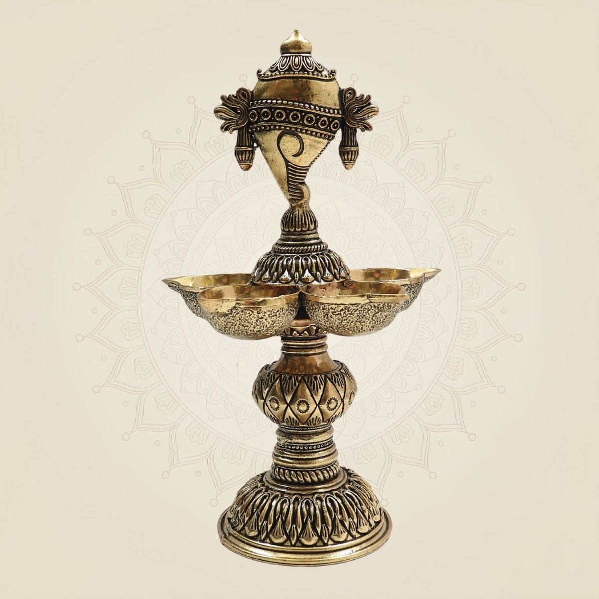 Brass Shankh Chakra Diya with 5 Deepak – Sacred Light for Divine - Luxeartisanship