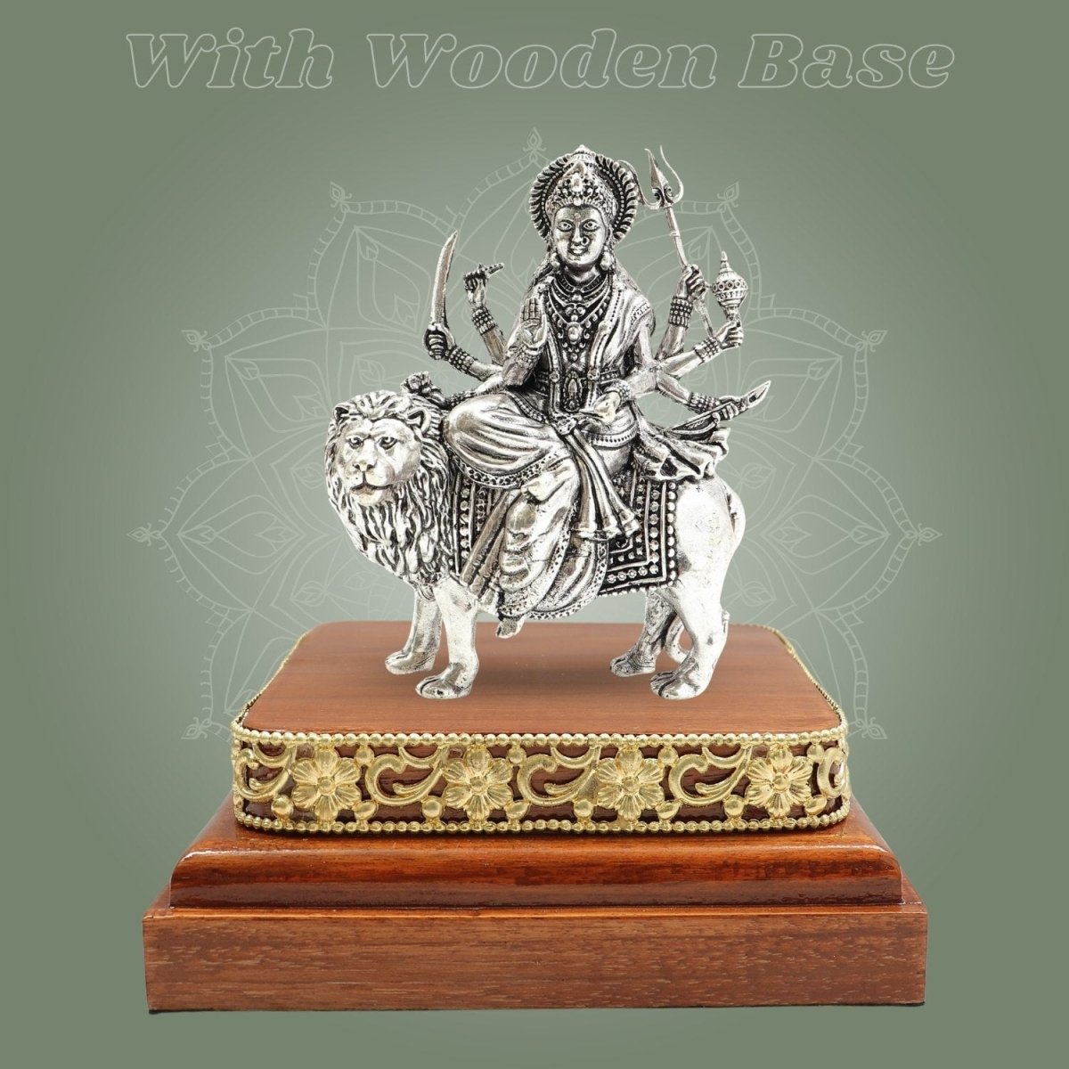 Brass Sherawali Durga Maa Idol Silver - Plated with Square Wooden Base - Luxeartisanship