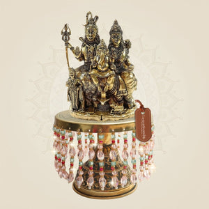 Brass Shiv Parivar Idol on Chowki 10.25" with Shiva Parvati Ganesha Kartikeya - Luxeartisanship