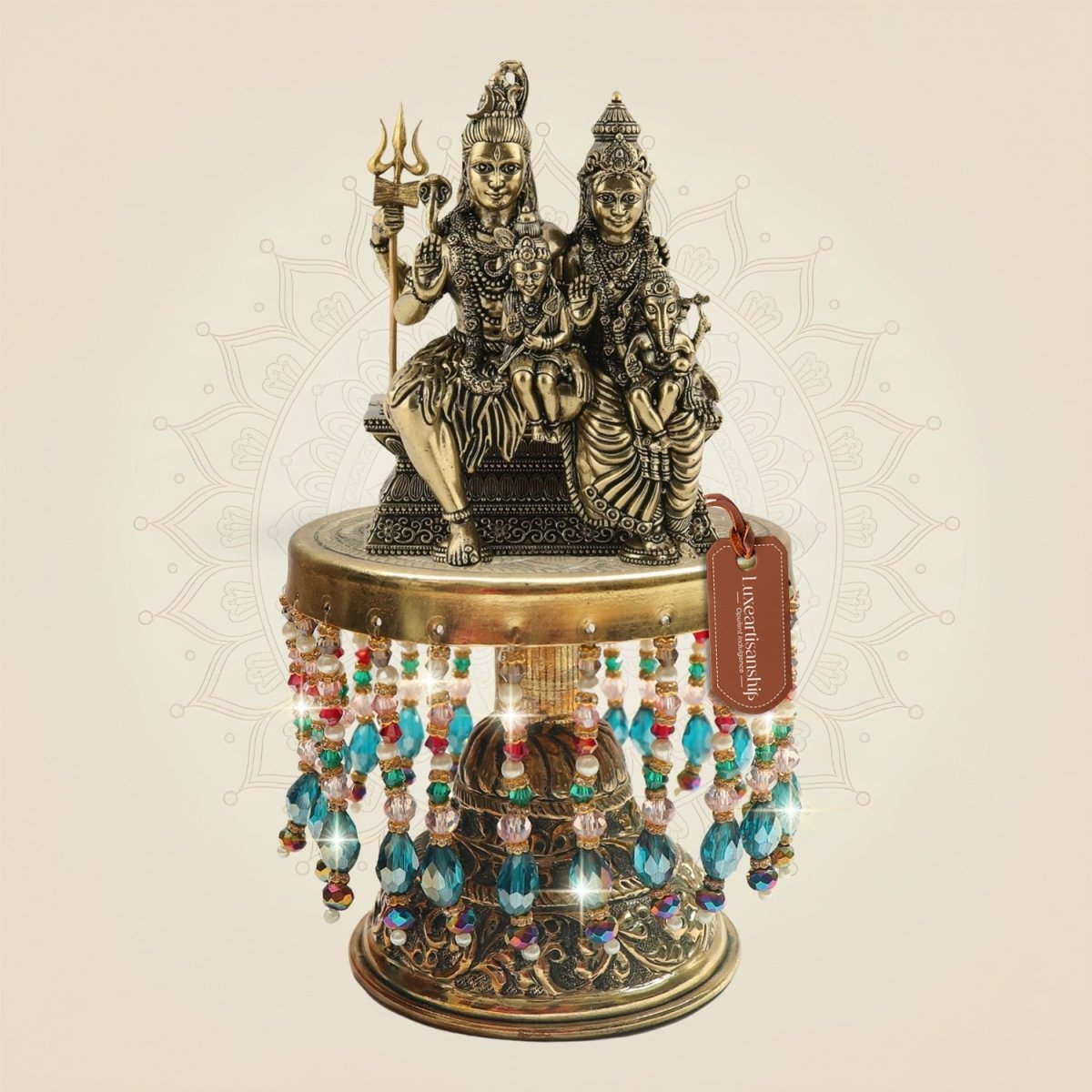 Brass Shiv Parivar Idol on Chowki with Shiva Parvati Ganesh Kartikeya 7.5" - Luxeartisanship