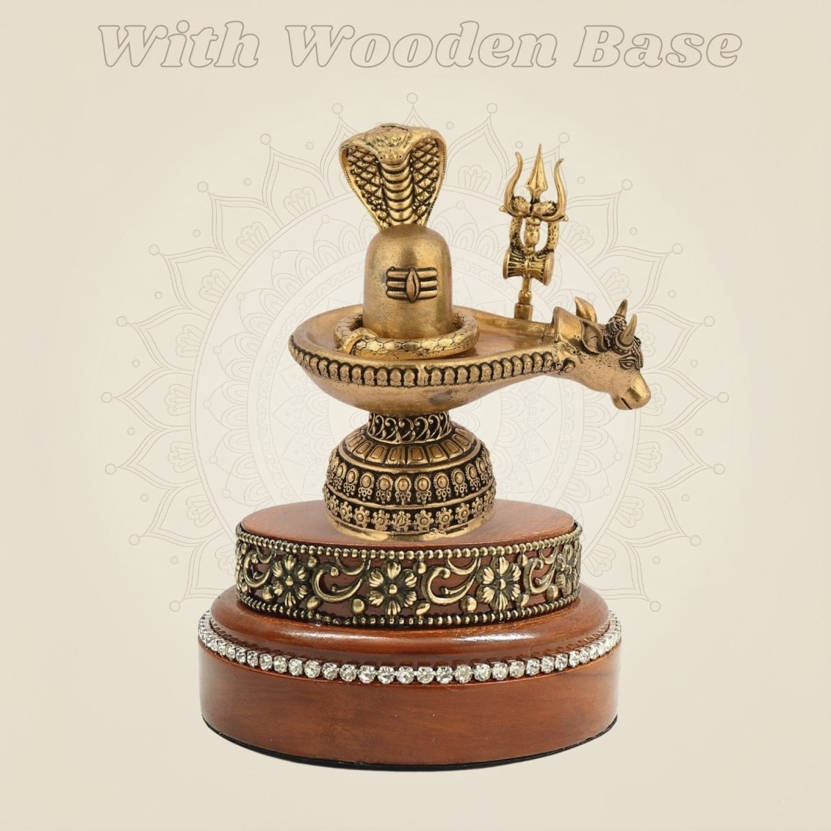 Brass Shiva Lingam Set with Nandi, Naag & Trishul 3.5″ Wooden Base - Luxeartisanship