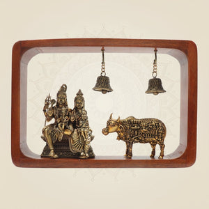 Brass Shiva Parivar Idol with Nandi in Wooden Frame with Bells 8.25" - Luxeartisanship