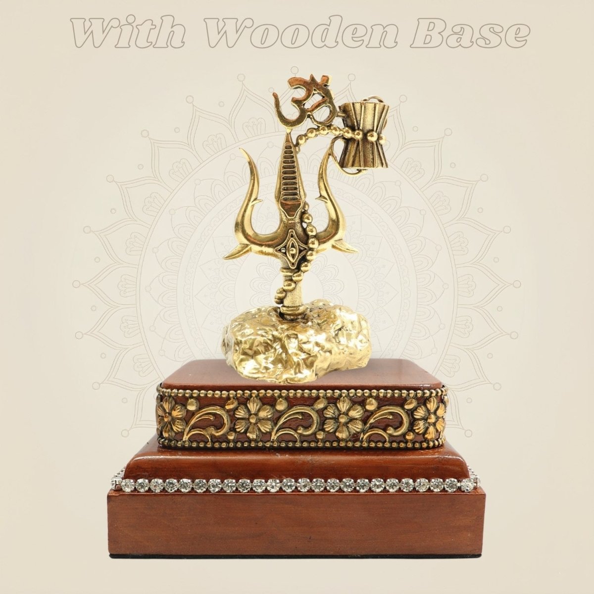 Brass Trishul with Damru and Om Symbol, 6″ Decorative Piece on Square Wooden Base - Luxeartisanship
