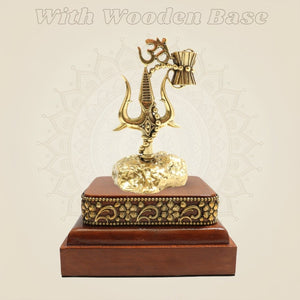 Brass Trishul with Damru and Om Symbol, 6″ Decorative Piece on Square Wooden Base - Luxeartisanship