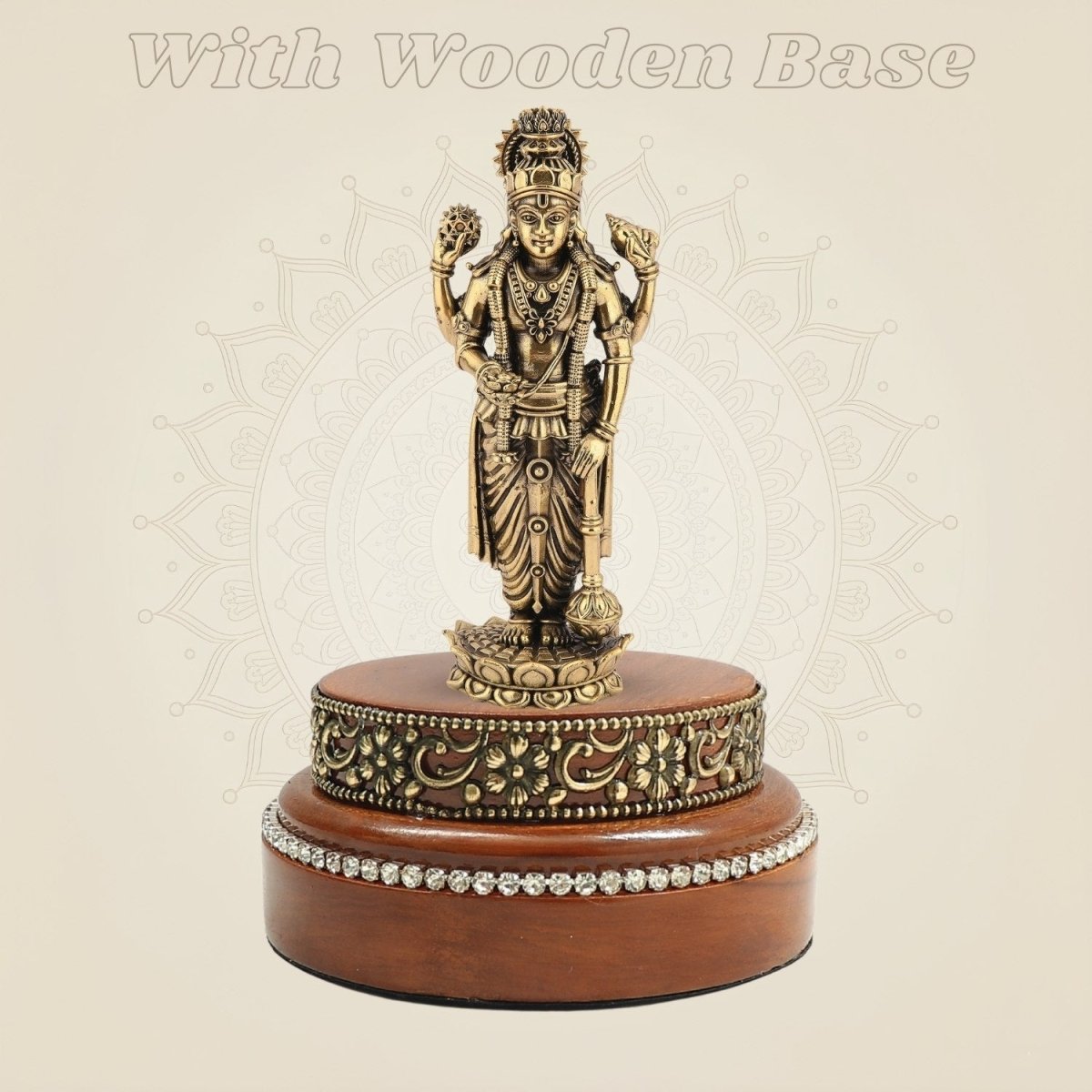 Brass Vishnu Idol 6.75″ Resting on a Hand - Finished Round Wooden Platform - Luxeartisanship