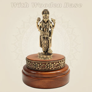 Brass Vishnu Idol 6.75″ Resting on a Hand - Finished Round Wooden Platform - Luxeartisanship