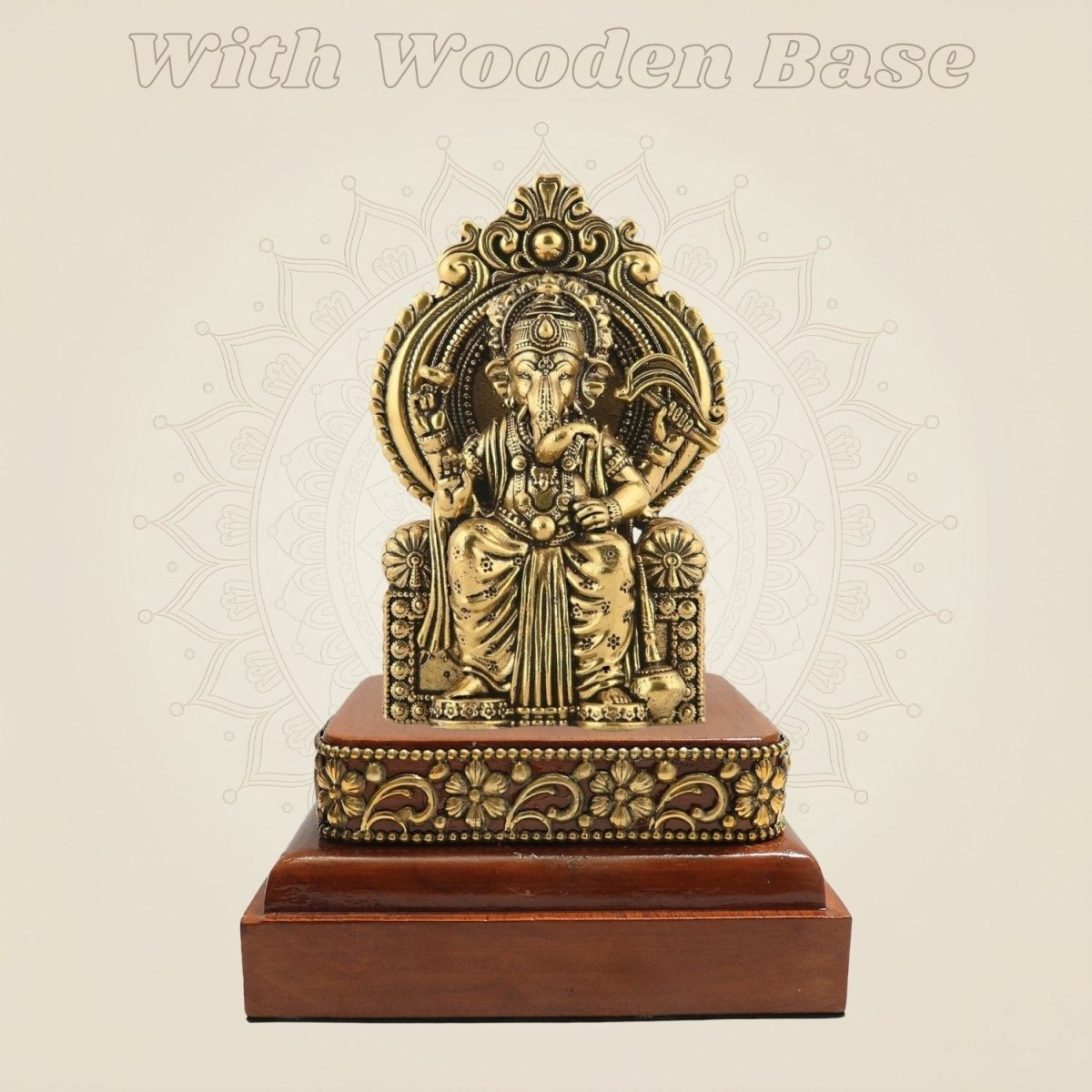 Chaturbhuj Ganesha Brass Murti with Wooden Base