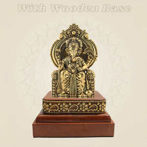Chaturbhuj Ganesha Brass Murti with Wooden Base