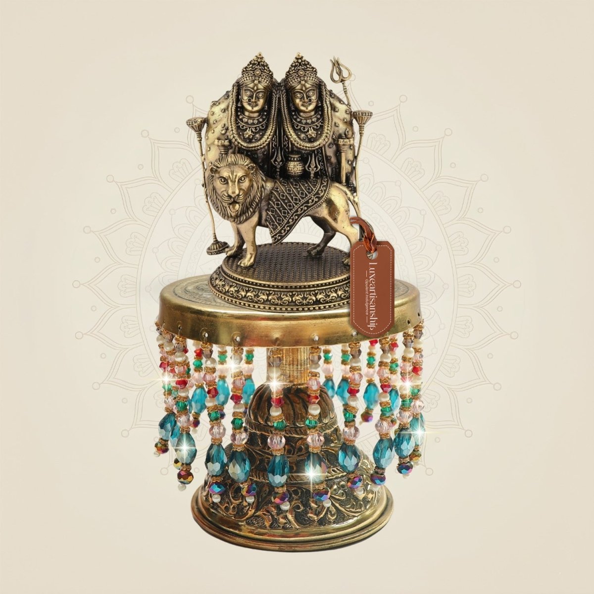 Chamunda Mata Brass Statue on Chowki for Fierce Energy 8.25" - Luxeartisanship