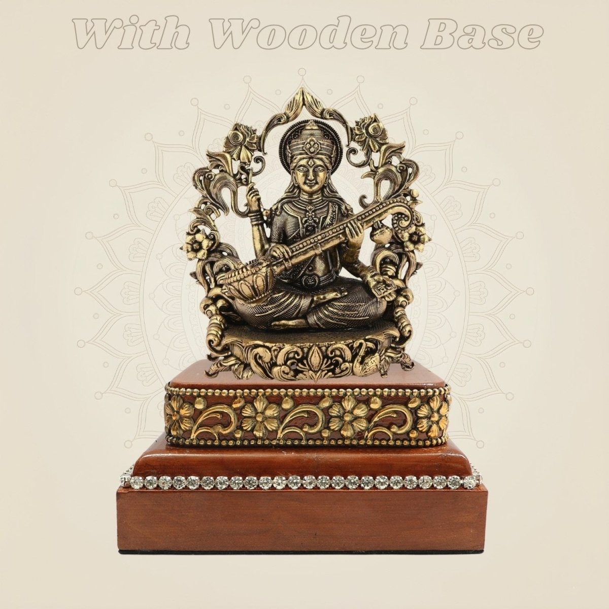 Divine Brass Saraswati Idol 3.75" on Square Wooden Base for Knowledge - Luxeartisanship