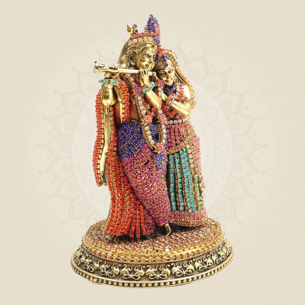 Brass Radha Krishna Idol with Rhinestone Detailing