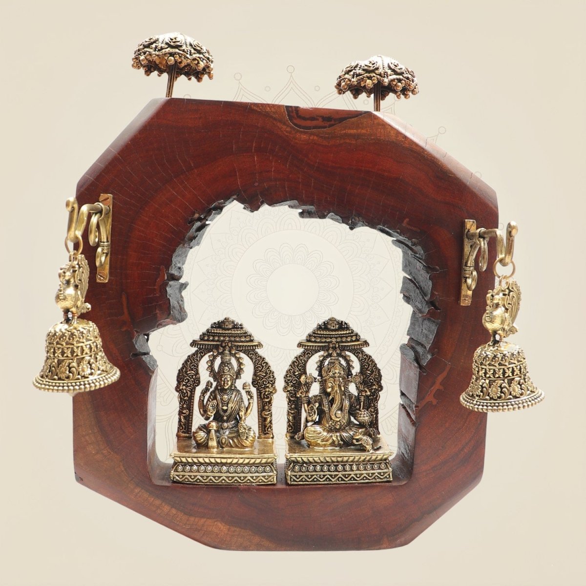 Ganesh Lakshmi Prabhavali in Hexagon Wooden Frame with Bells 10" - Luxeartisanship